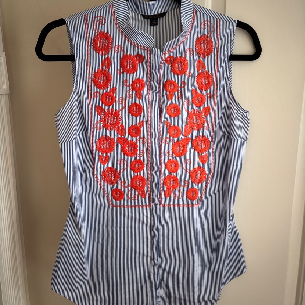 Striped Brooks Brothers Sleeveless Top with Orange Floral Embroidery